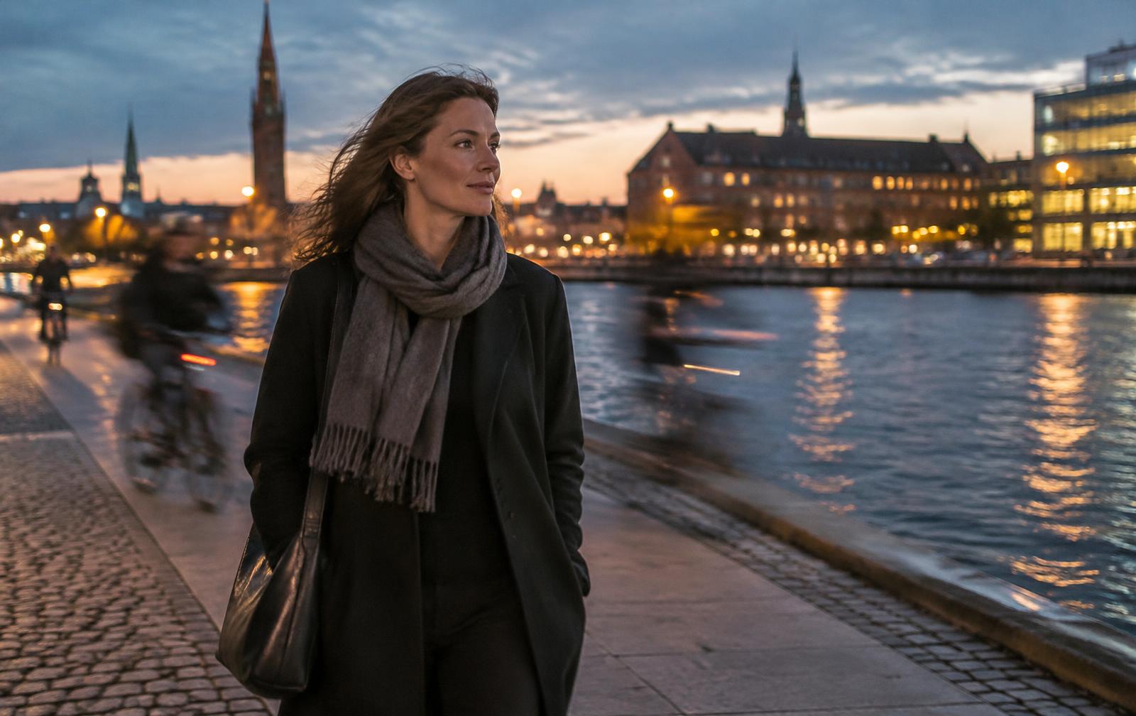 Kvinde går en rolig aftentur langs havnen i København